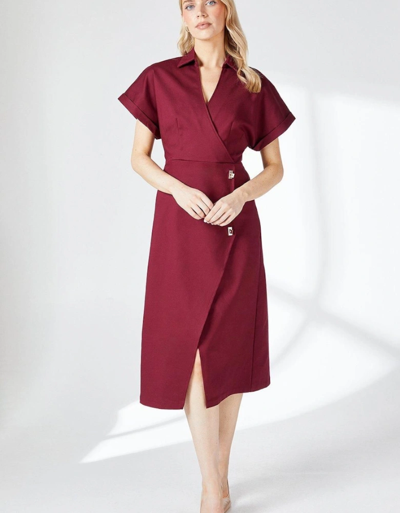 Red Button Detail Stretch Crepe Wrap Dress