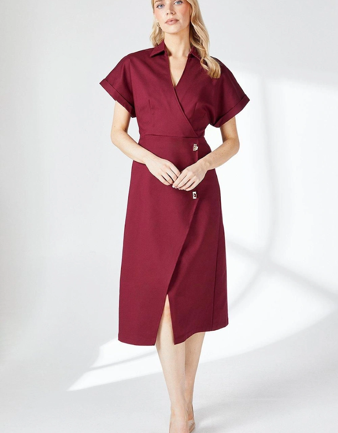 Red Button Detail Stretch Crepe Wrap Dress, 2 of 1