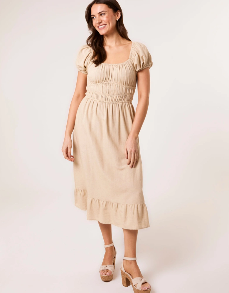 Stone Puff Sleeve Shirred Panel Dress