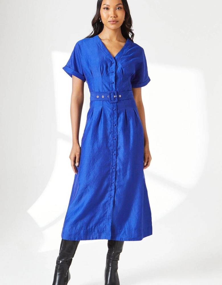 Blue Belted Organza Shirt Dress