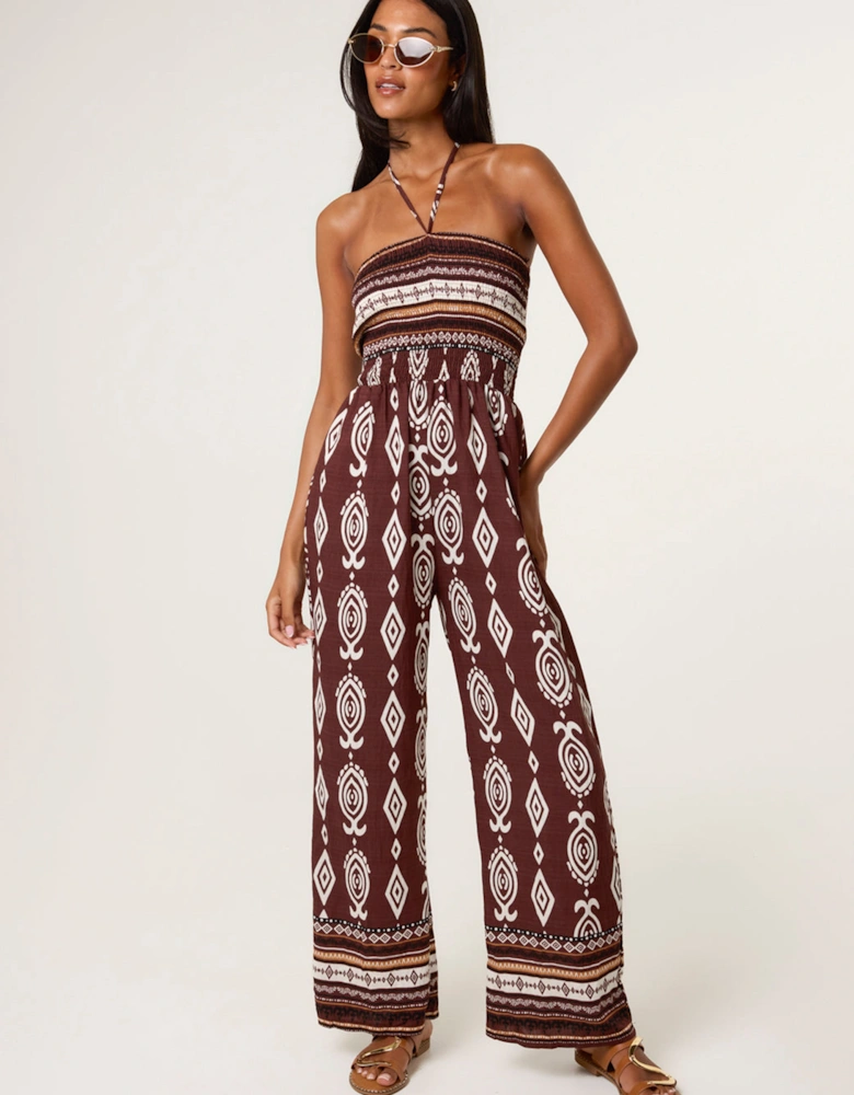Brown Ethnic Print Strapless Elasticated Jumpsuit