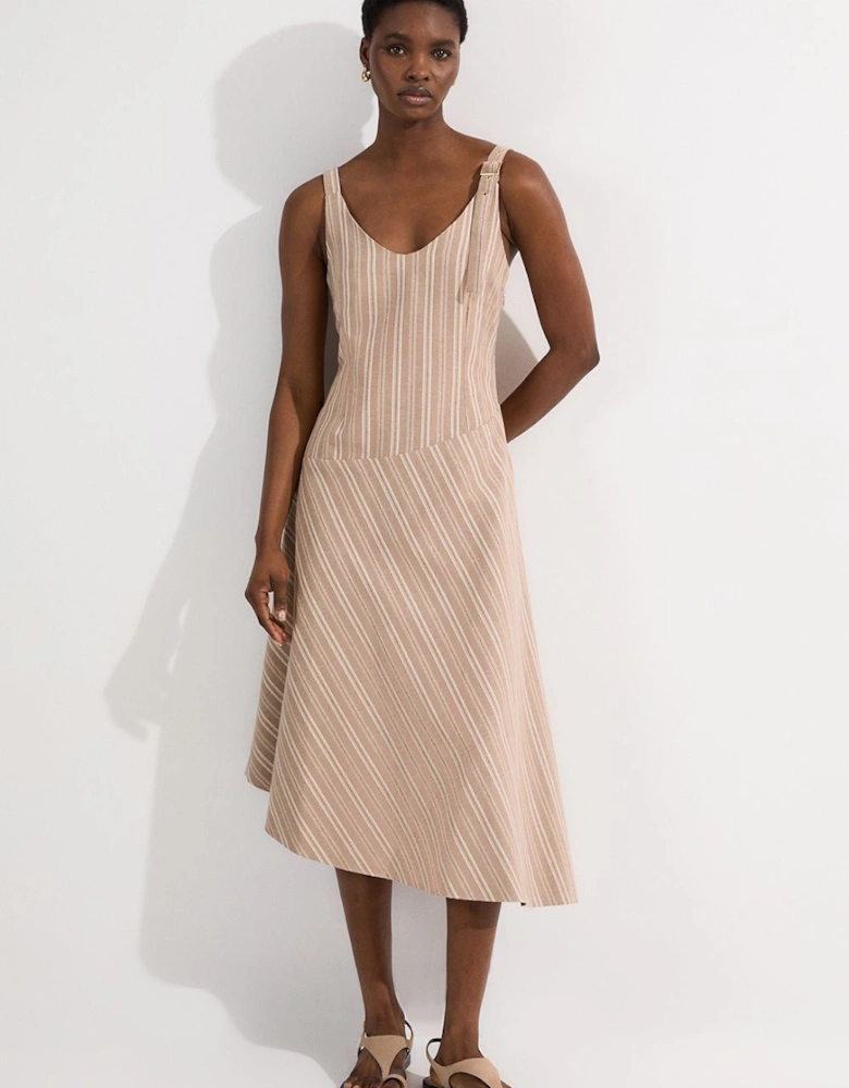 Tailored Stripe Linen  Strappy Asymmetric Hem Midi Dress
