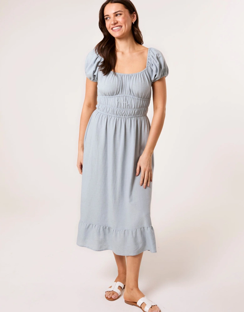 Blue Puff Sleeve Shirred Panel Dress