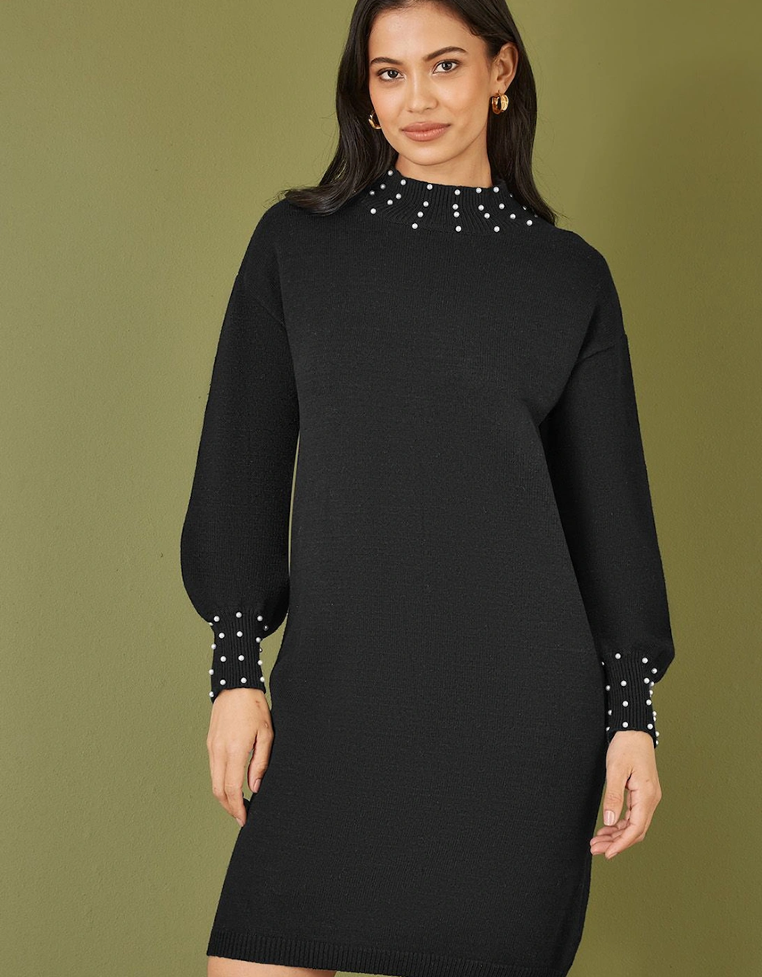 Black Pearl Detail Knitted Relaxed Jumper Dress, 2 of 1