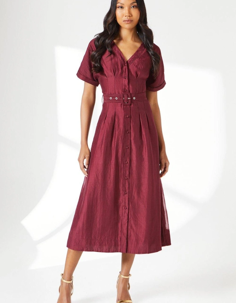 Red Belted Organza Shirt Dress