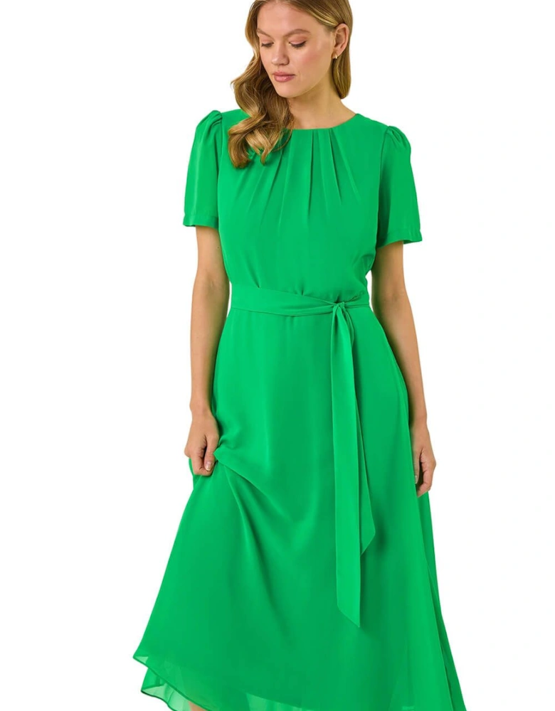 Pleat Chiffon Belted Midi Dress
