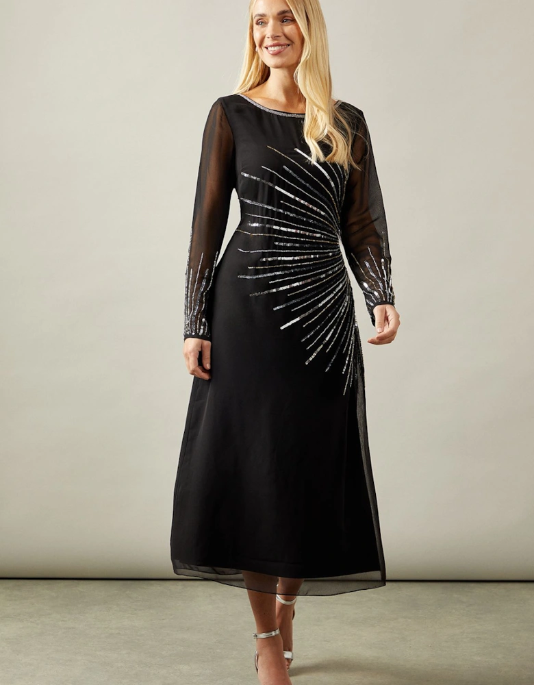 Petite Occasion Embellished Sequin Long Sleeve Midi Dress