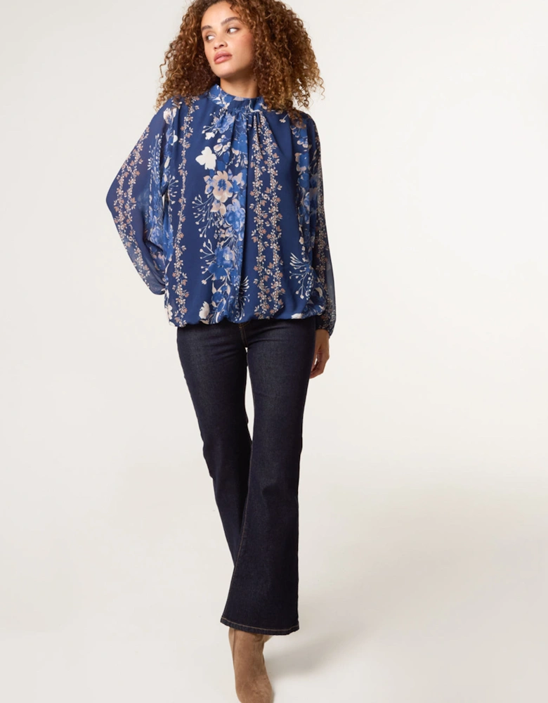 Navy High Neck Puffball Floral Blouse