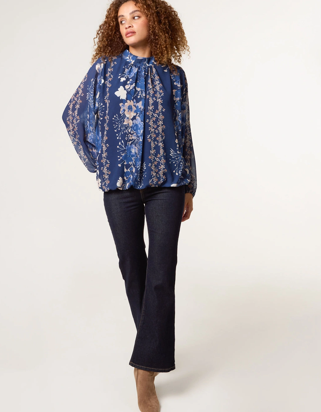 Navy High Neck Puffball Floral Blouse, 2 of 1