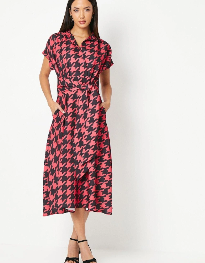 Dogtooth Print Front Tie Shirt Midi Dress