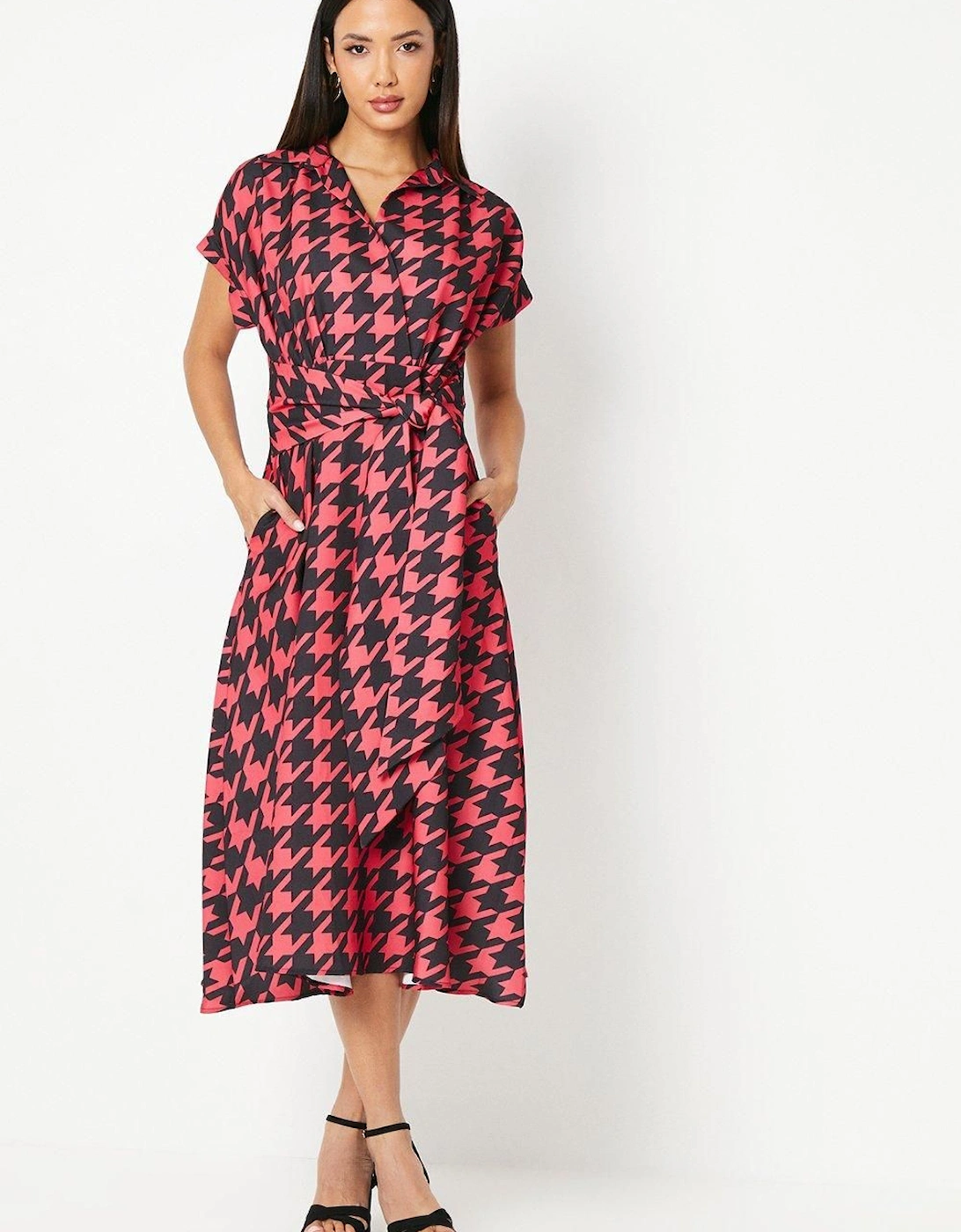 Dogtooth Print Front Tie Shirt Midi Dress, 2 of 1