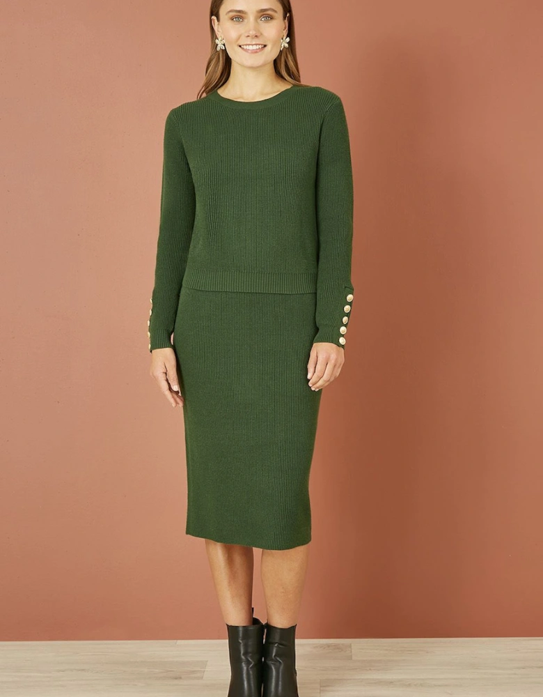 Green Rib Knitted Midi Column Skirt