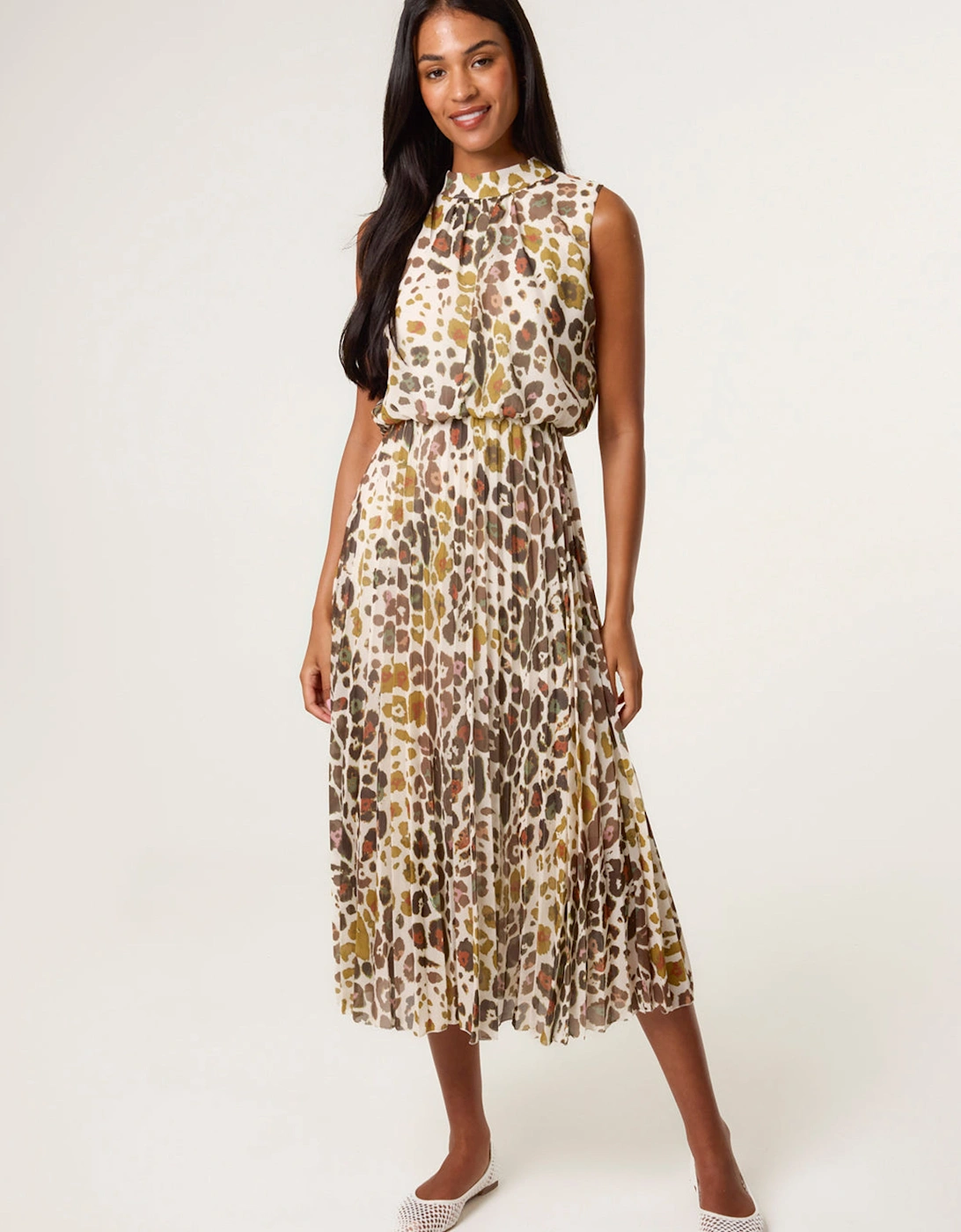 Brown Abstract Leopard Print Sleeveless Pleated Midi Dress, 2 of 1