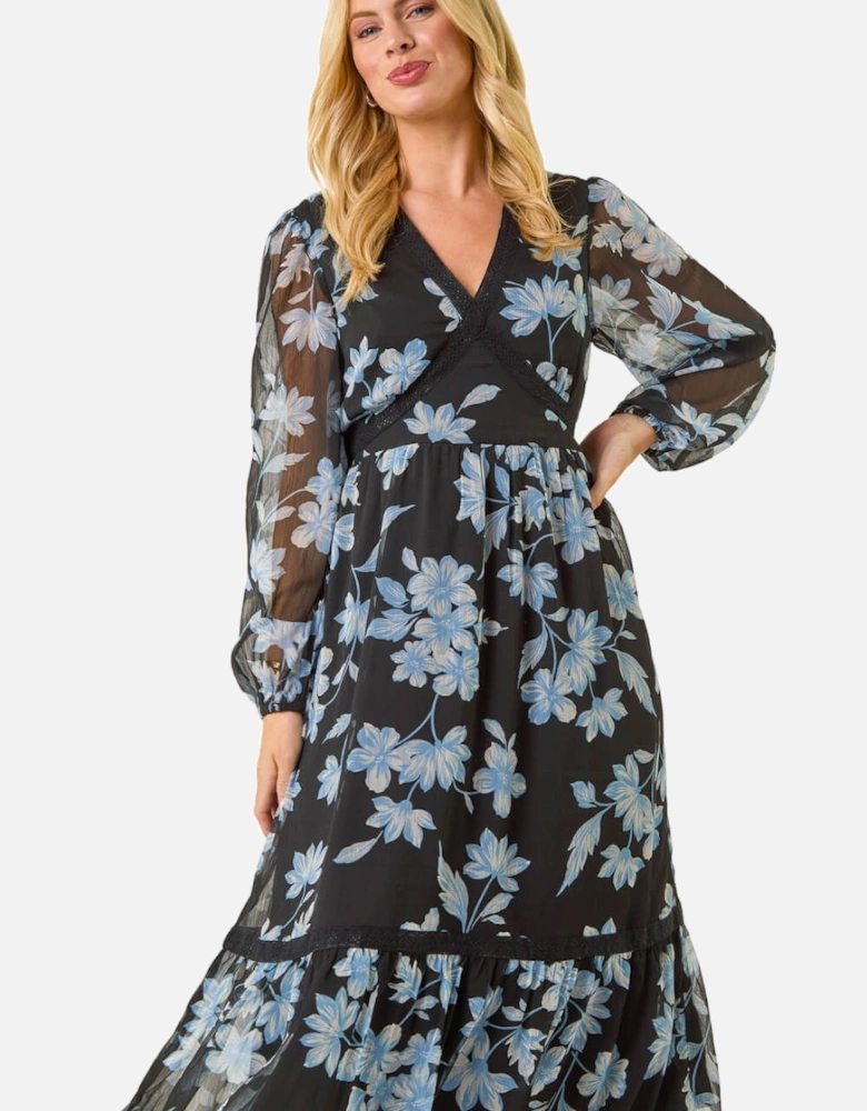 Petite Floral Print Trim Midi Dress
