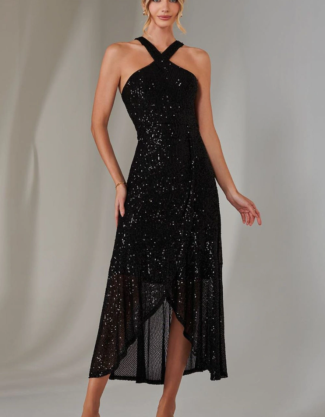 Cross Neck Frill Hem Maxi Dress, 2 of 1