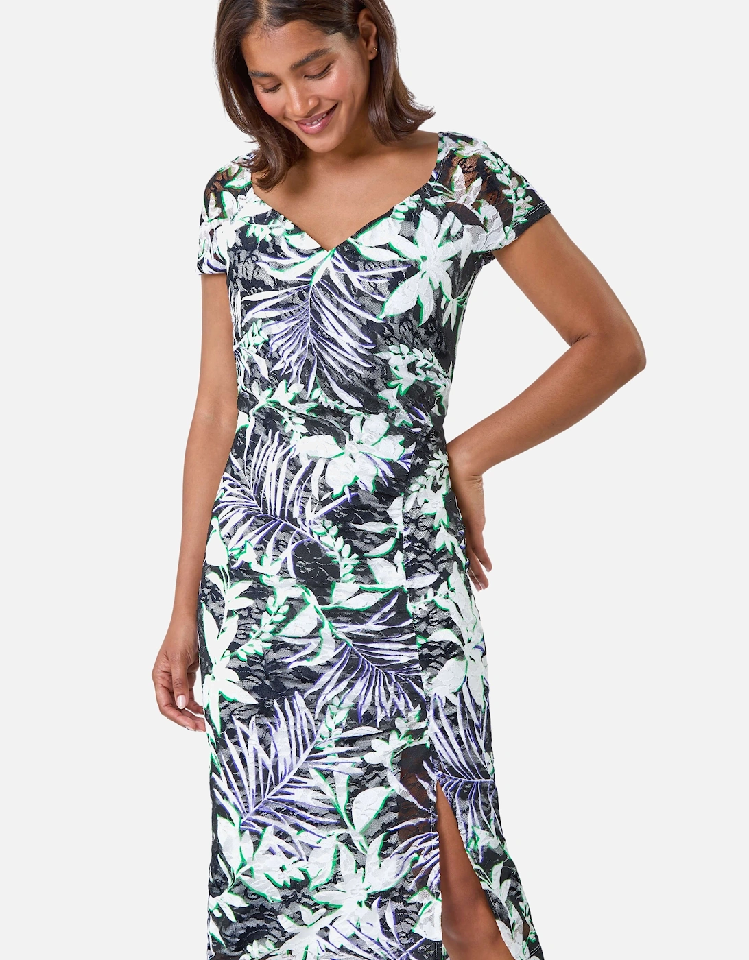 Lace Tropical Ruched Stretch Bodycon Dress, 2 of 1