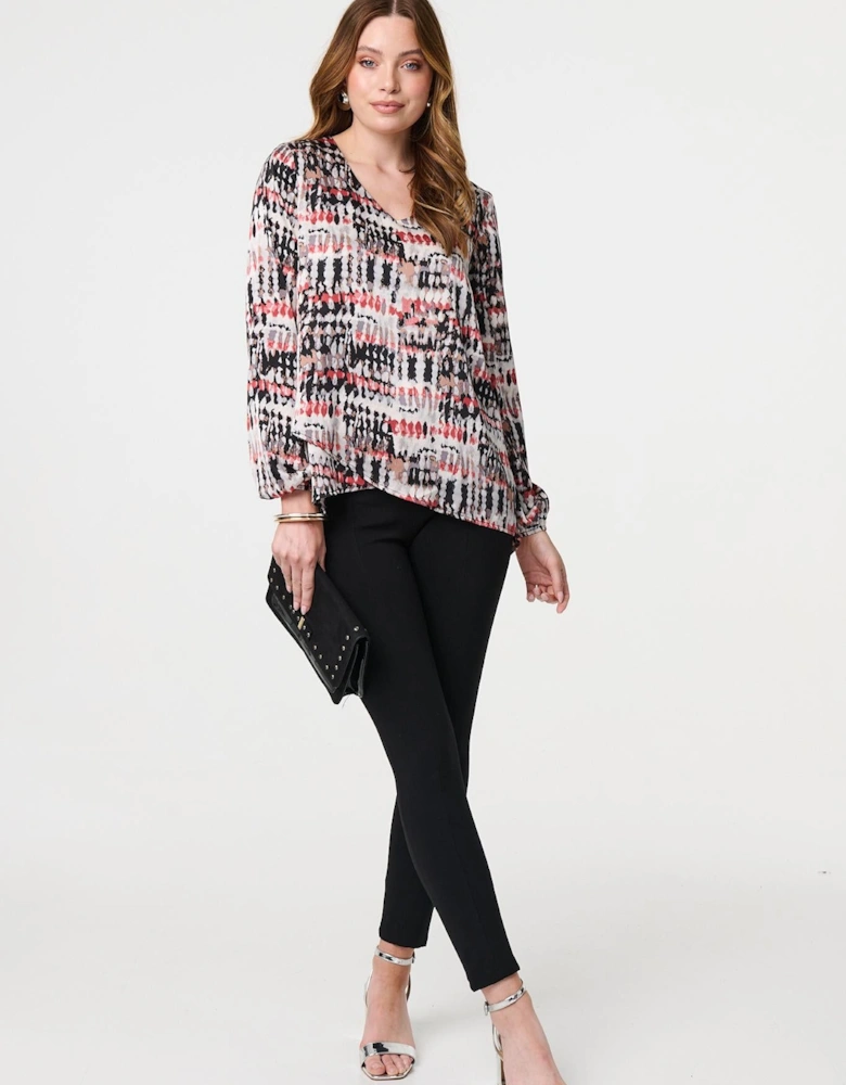 Printed Long Sleeve V-Neck Tunic Blouse