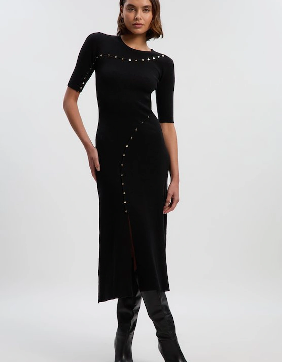Viscose Blend Cut Out Trim Detail Knit Midi Dress, 2 of 1