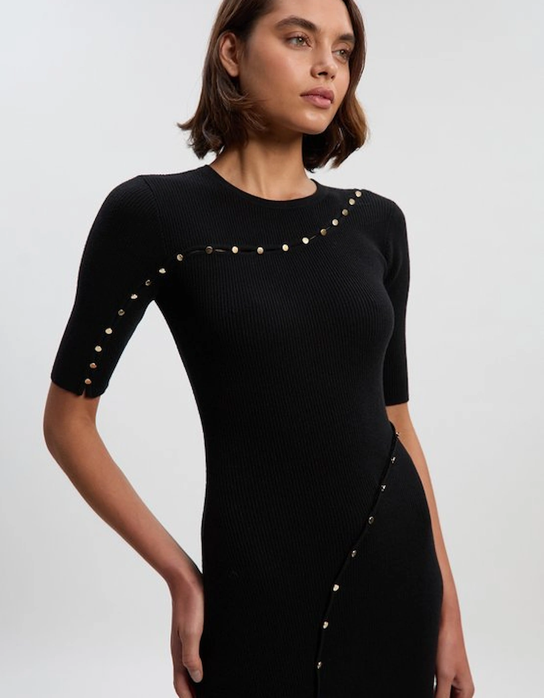 Viscose Blend Cut Out Trim Detail Knit Midi Dress