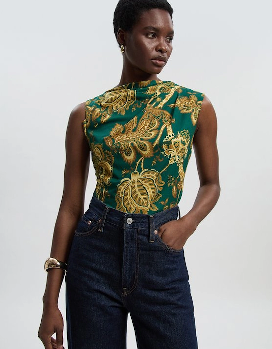 Paisley Print Crepe Asymmetric Neck Sleeveless Top