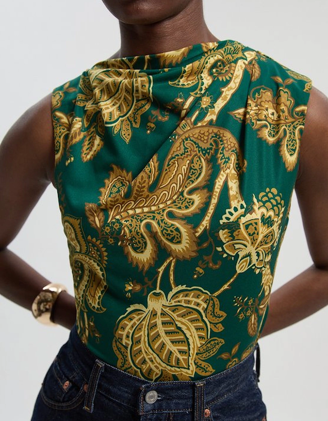 Paisley Print Crepe Asymmetric Neck Sleeveless Top