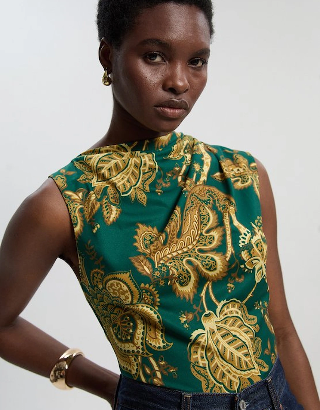 Paisley Print Crepe Asymmetric Neck Sleeveless Top, 2 of 1