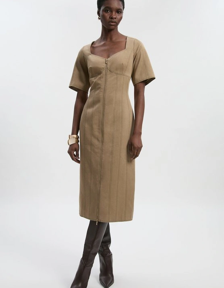 Tencel Cotton Contrast Stitch Zip Front Woven Midi Dress