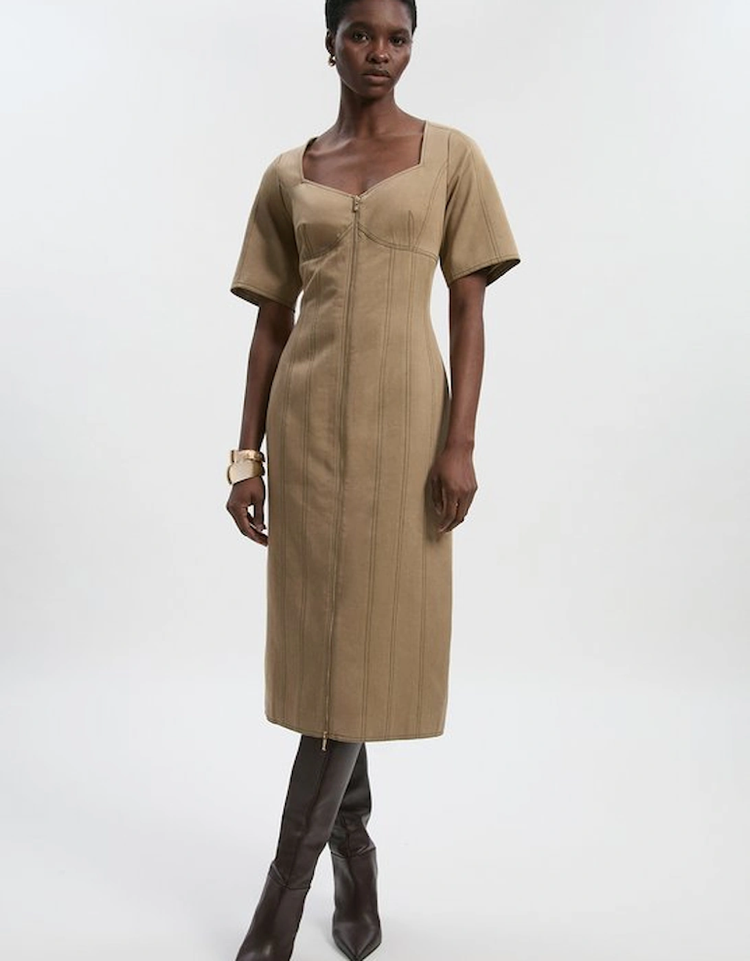 Tencel Cotton Contrast Stitch Zip Front Woven Midi Dress, 4 of 3
