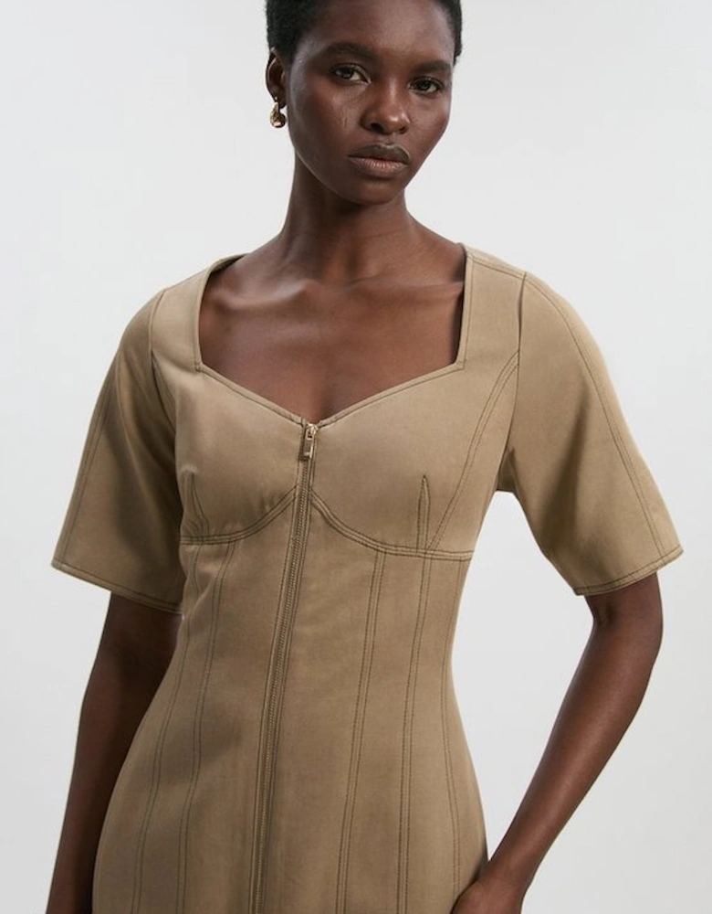 Tencel Cotton Contrast Stitch Zip Front Woven Midi Dress