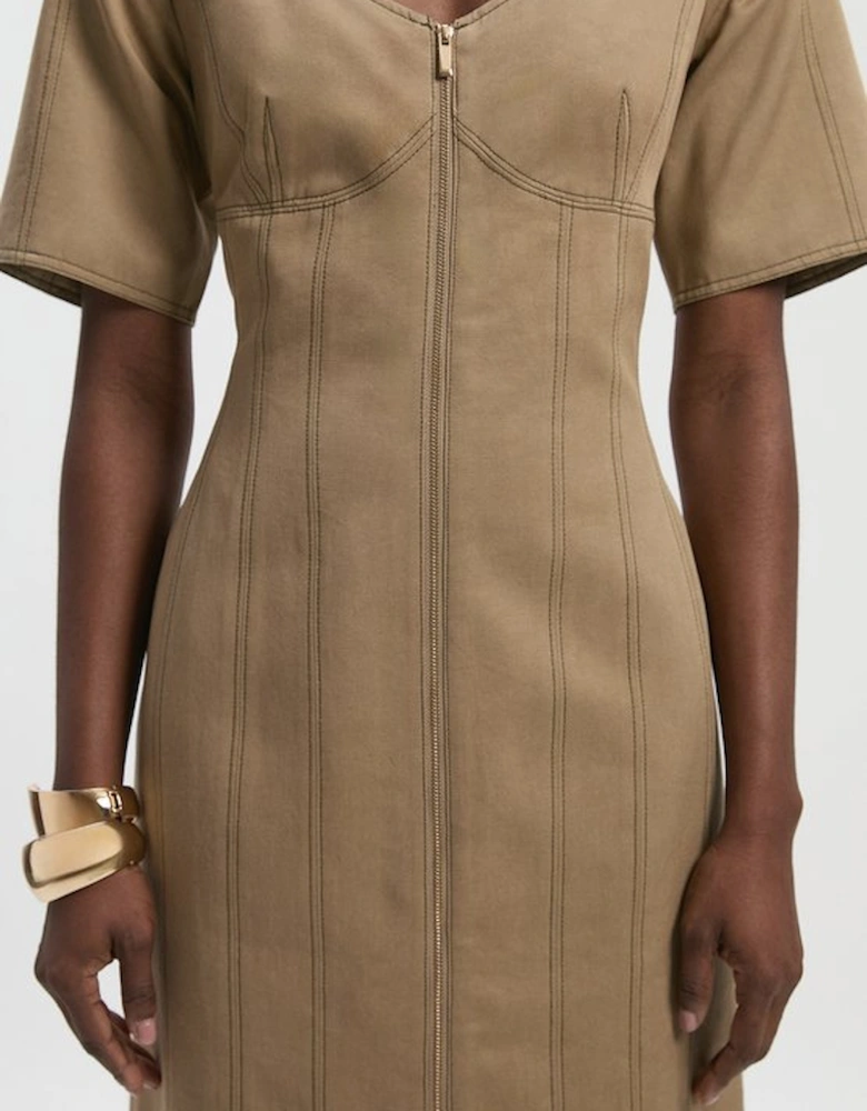 Tencel Cotton Contrast Stitch Zip Front Woven Midi Dress