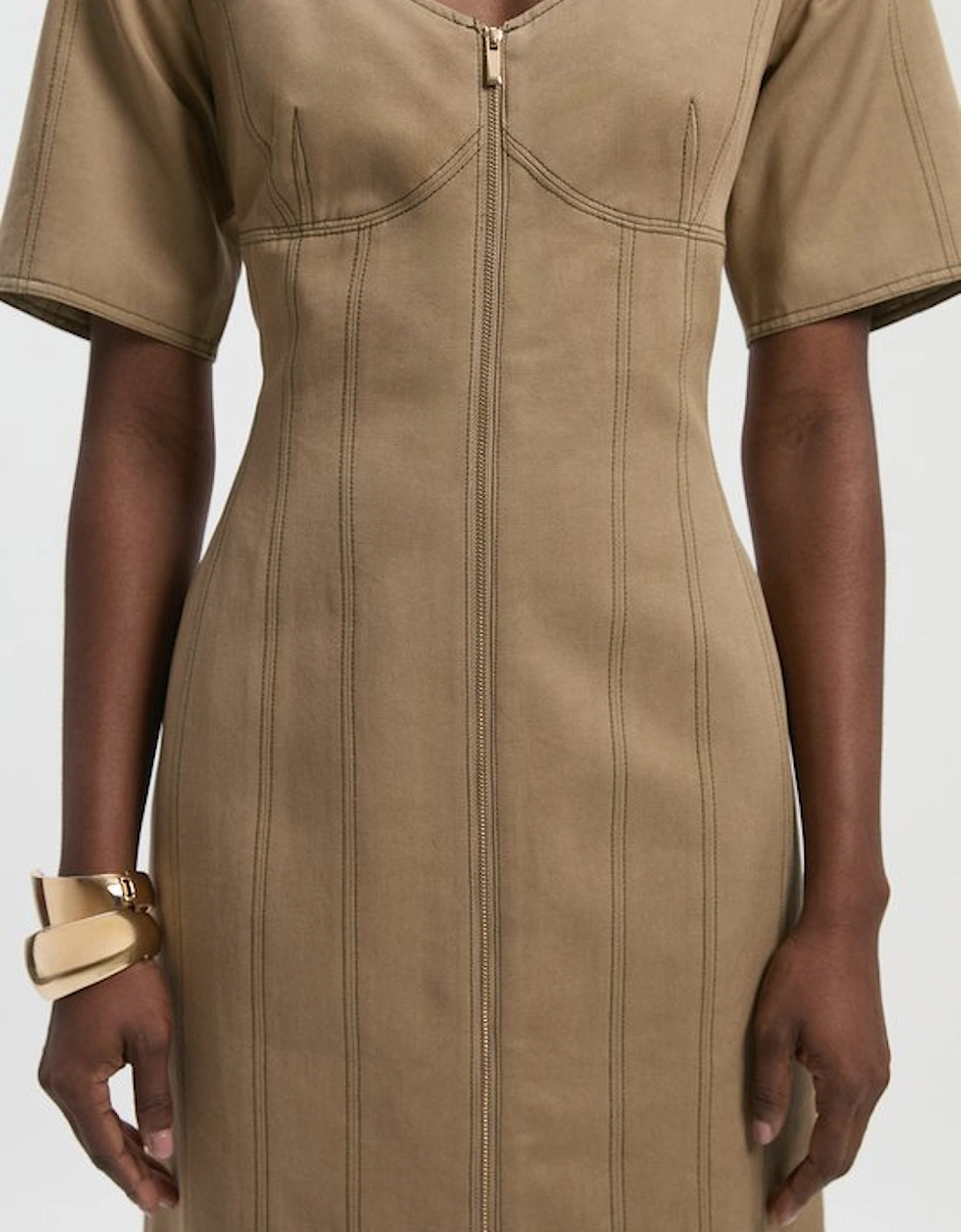Tencel Cotton Contrast Stitch Zip Front Woven Midi Dress