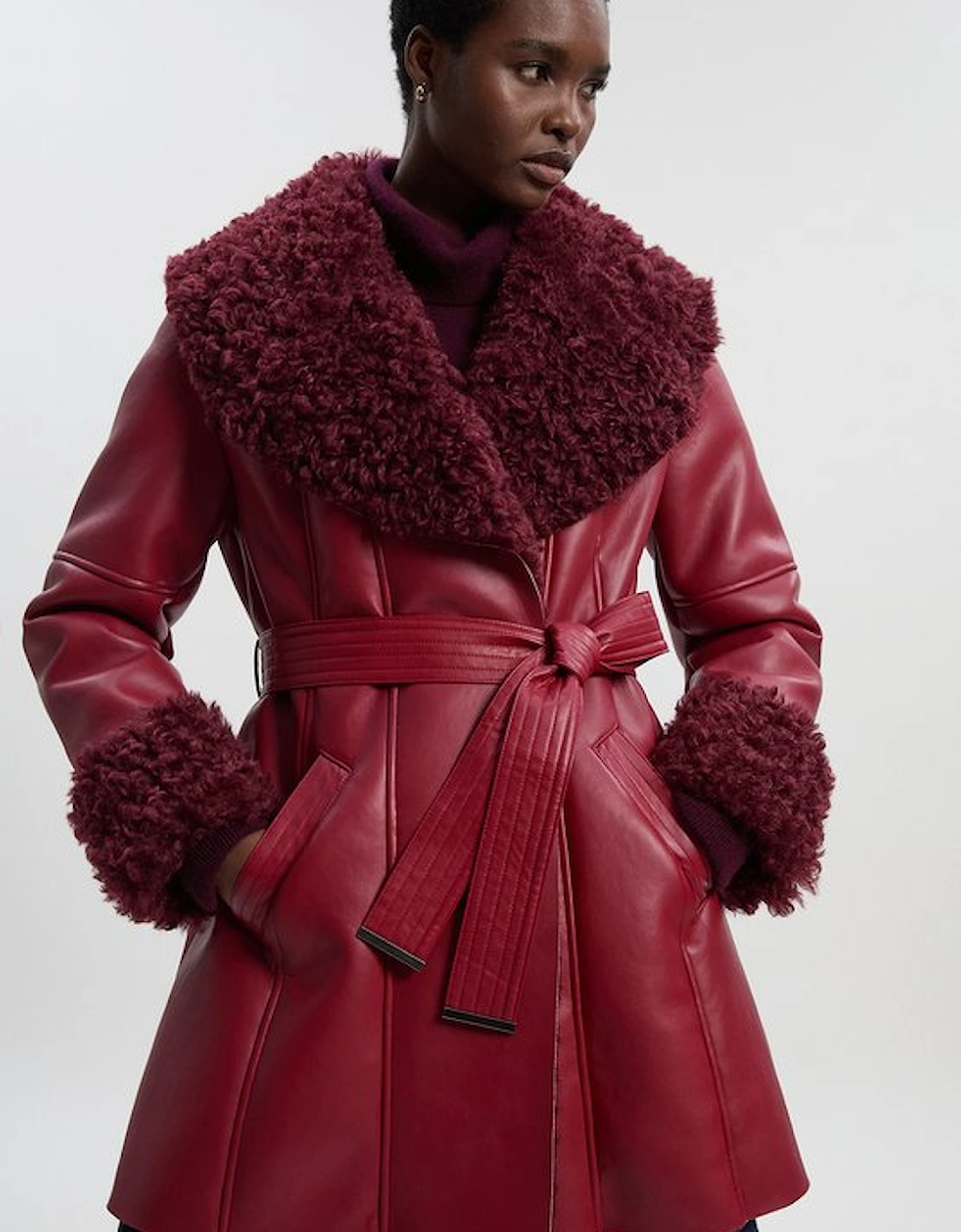 Faux Long Fur Belted Cuff And Collar Coat, 4 of 3