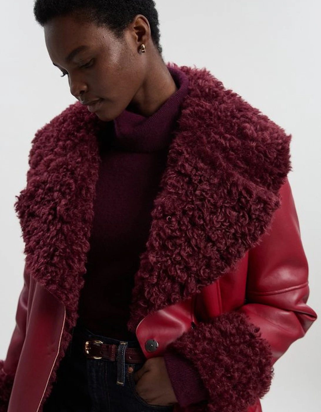 Faux Long Fur Belted Cuff And Collar Coat