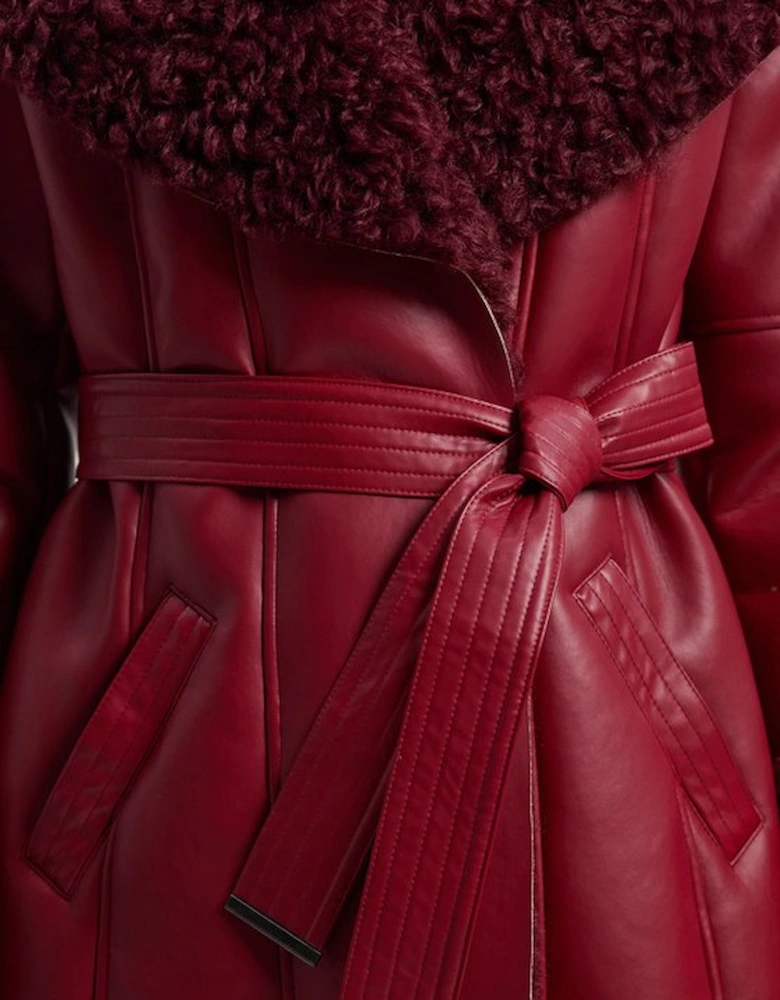 Faux Long Fur Belted Cuff And Collar Coat