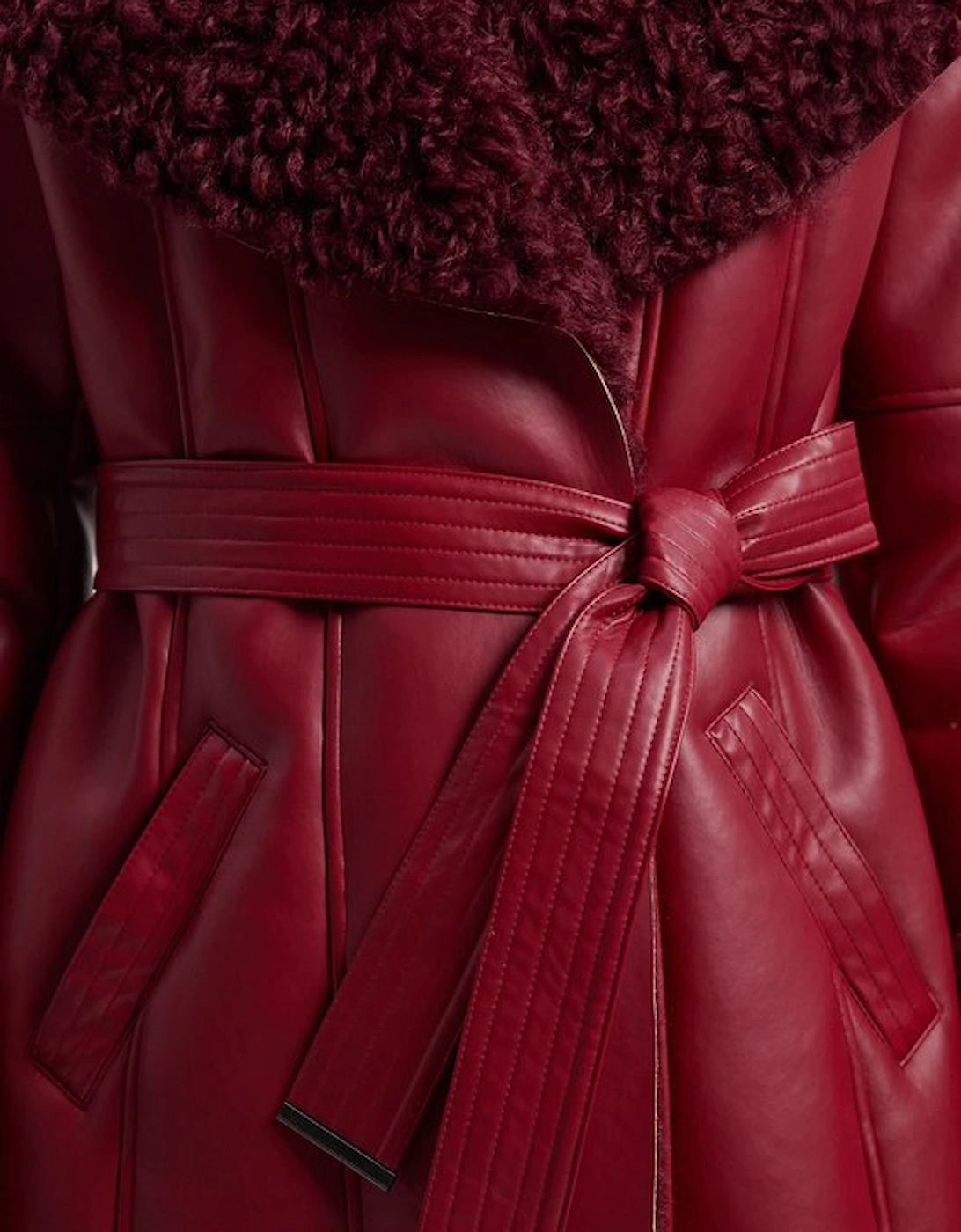 Faux Long Fur Belted Cuff And Collar Coat
