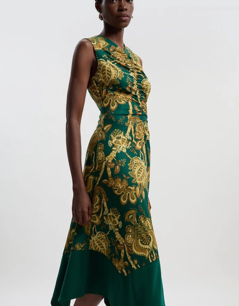 Paisley Print Crepe Hanky Hem Midi Dress