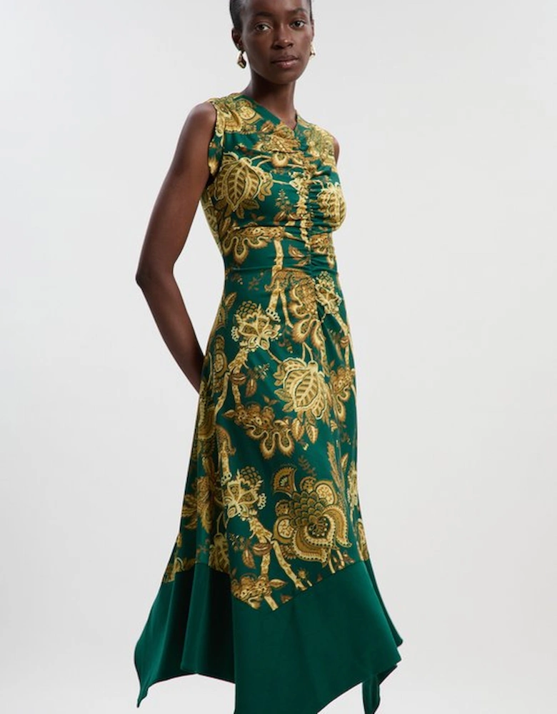 Paisley Print Crepe Hanky Hem Midi Dress