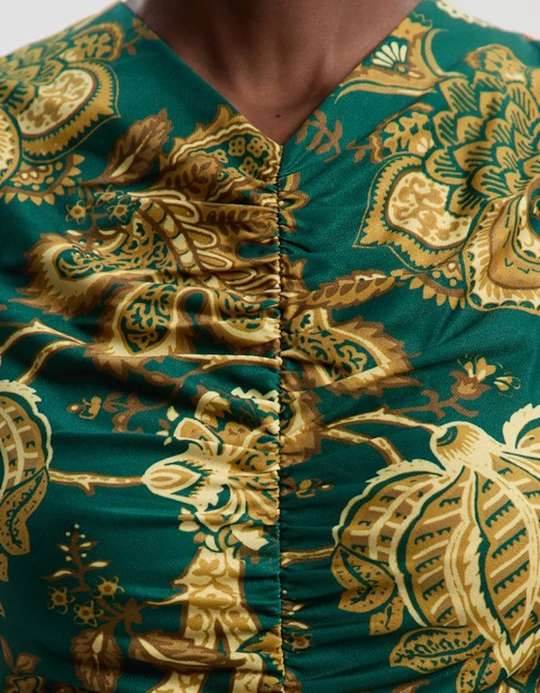 Paisley Print Crepe Hanky Hem Midi Dress