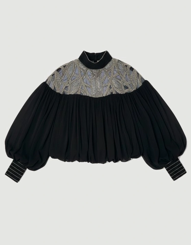 Crystal Embellished Cutwork Cape Detail Woven Drama Blouse