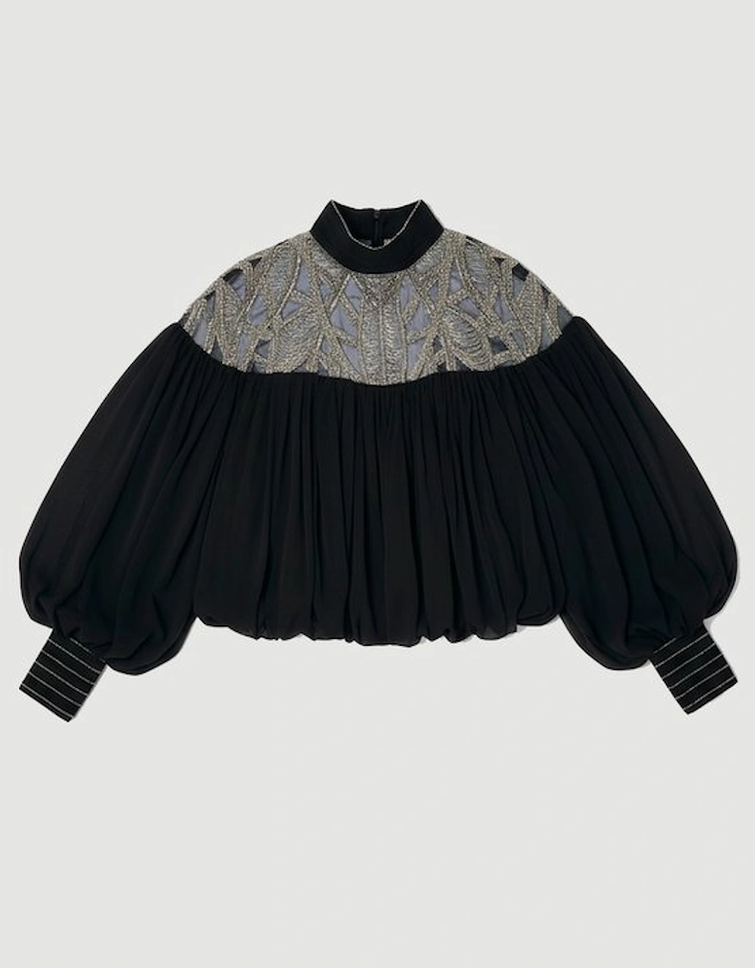 Crystal Embellished Cutwork Cape Detail Woven Drama Blouse
