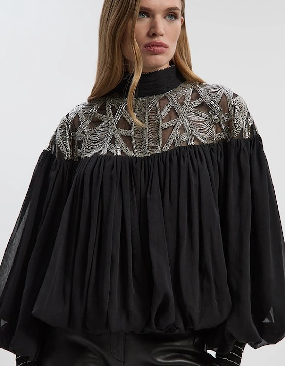 Crystal Embellished Cutwork Cape Detail Woven Drama Blouse