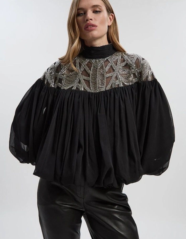 Crystal Embellished Cutwork Cape Detail Woven Drama Blouse