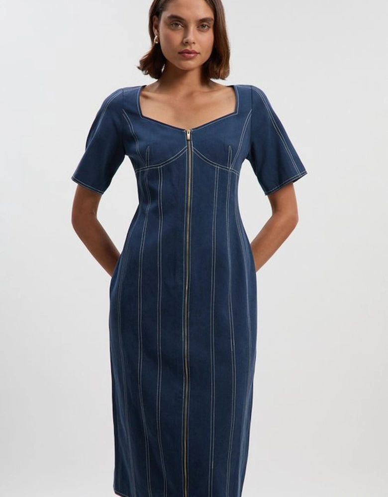 Petite Tencel Cotton Contrast Stitch Zip Front Woven Midi Dress