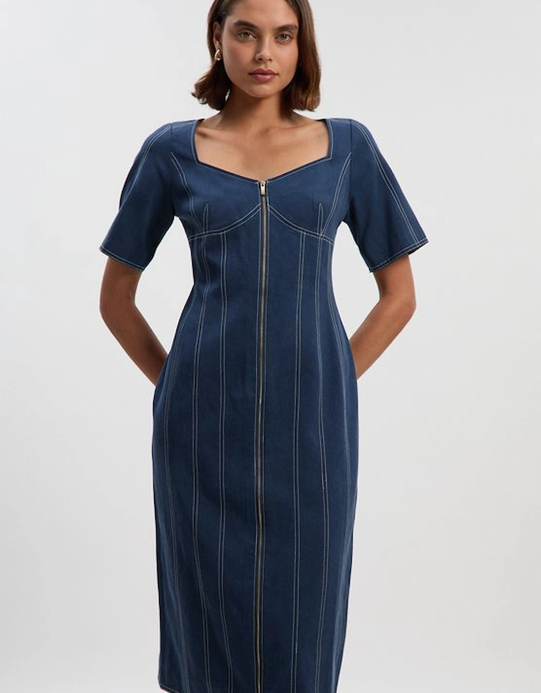 Petite Tencel Cotton Contrast Stitch Zip Front Woven Midi Dress, 4 of 3