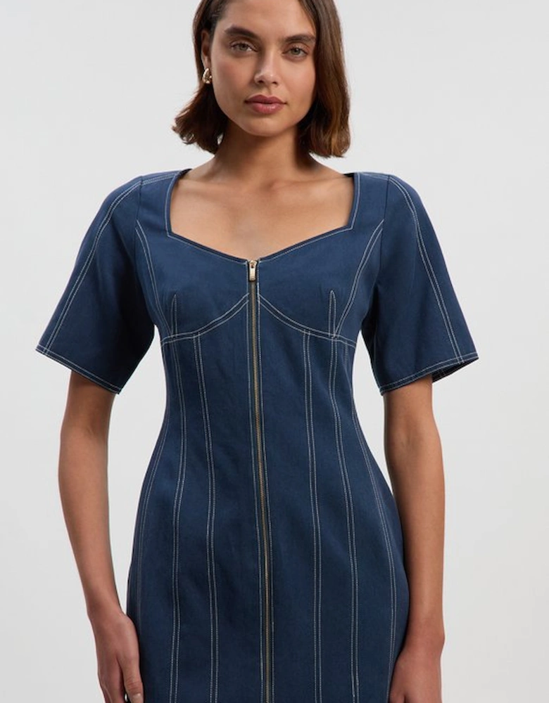 Petite Tencel Cotton Contrast Stitch Zip Front Woven Midi Dress