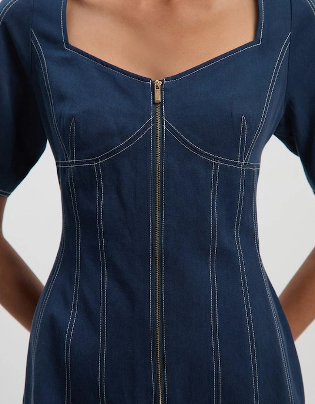 Petite Tencel Cotton Contrast Stitch Zip Front Woven Midi Dress