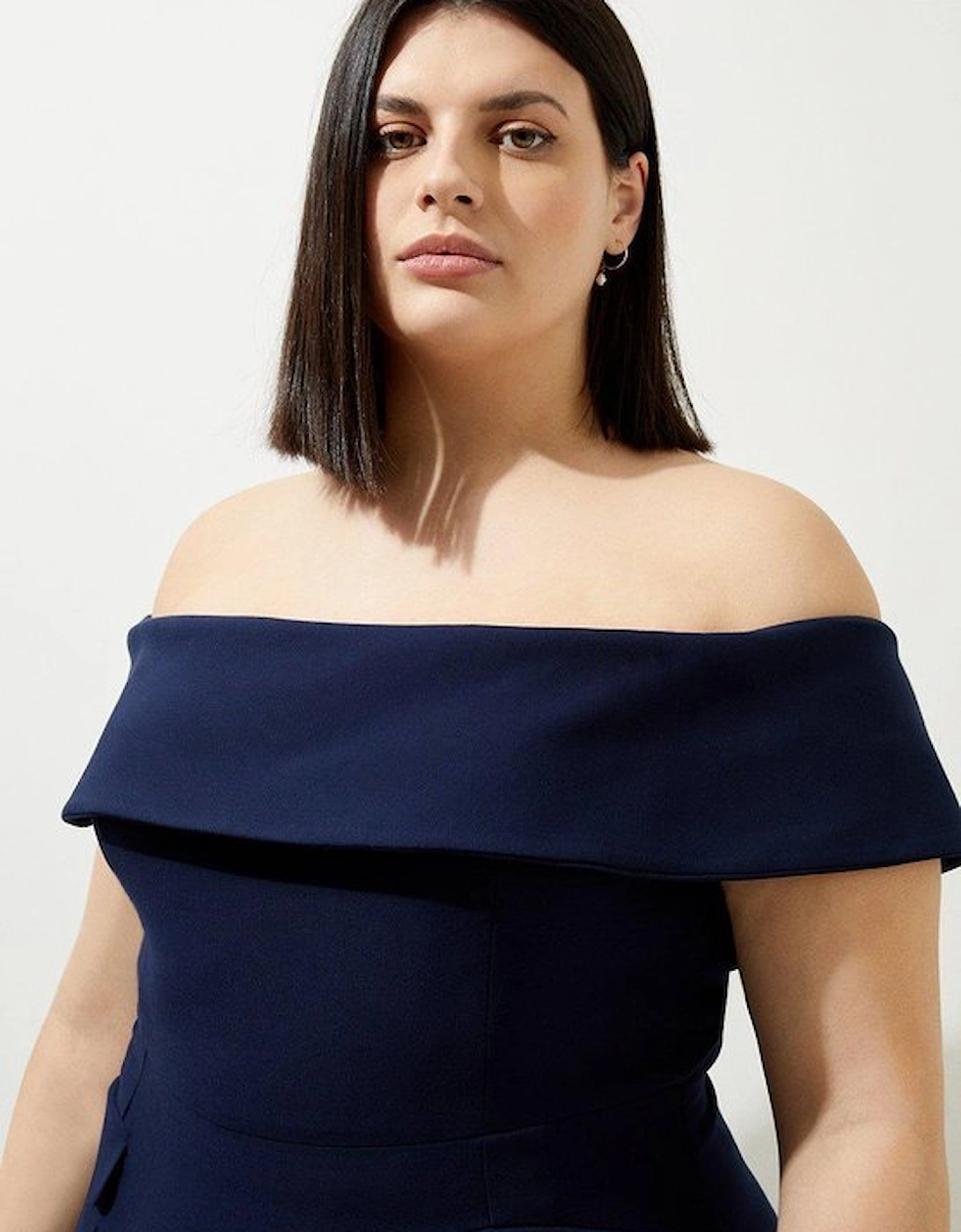 Lydia Millen Plus Size Compact Stretch Off The Shoulder Full Skirt Tailored Midi Dress