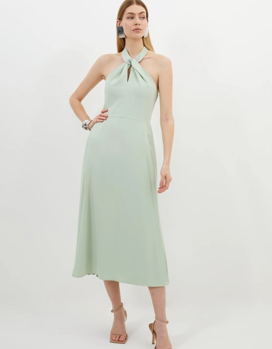 Petite Soft Tailored Halter Tie Neck Pleat Detail Midi Dress, 4 of 3