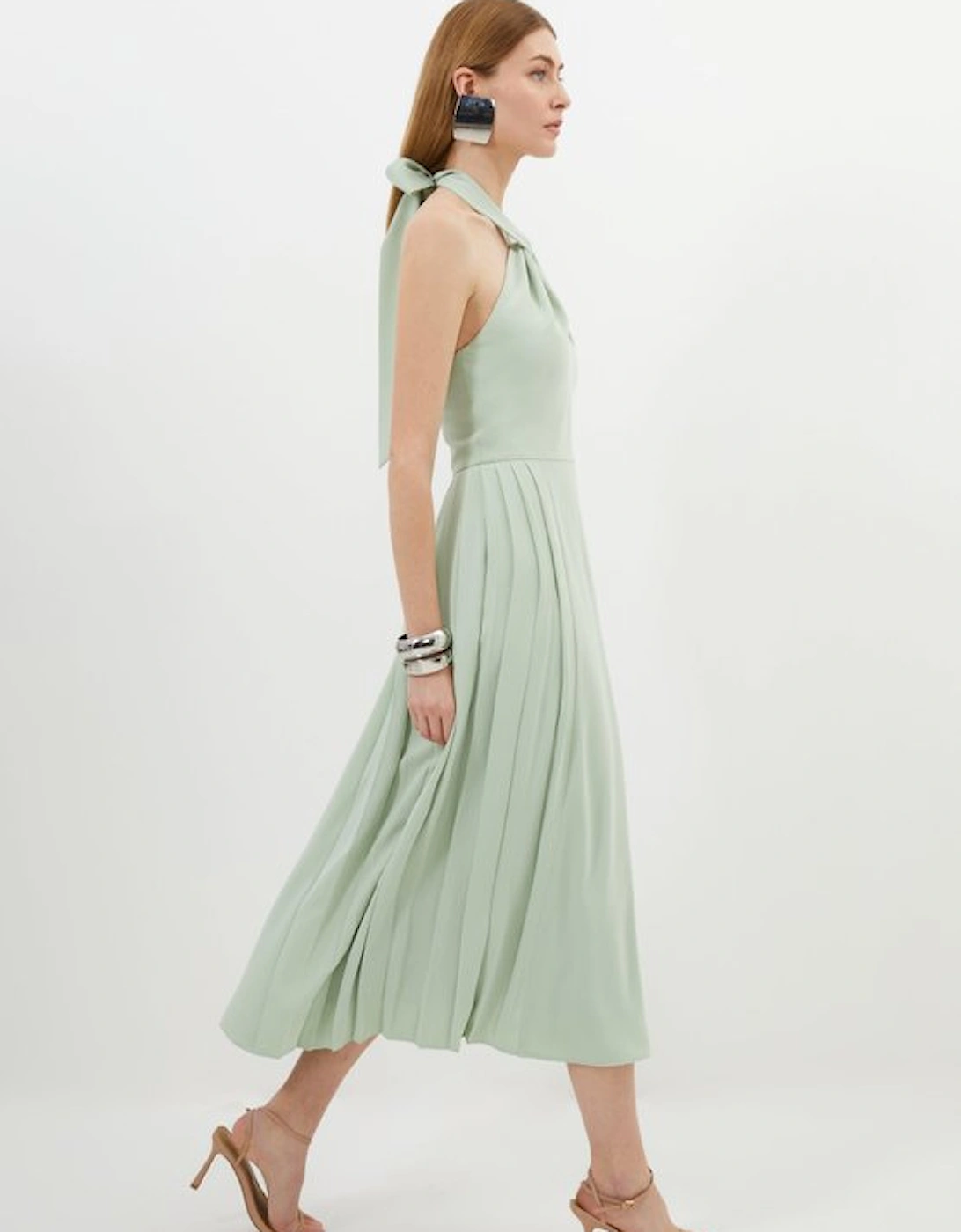 Petite Soft Tailored Halter Tie Neck Pleat Detail Midi Dress