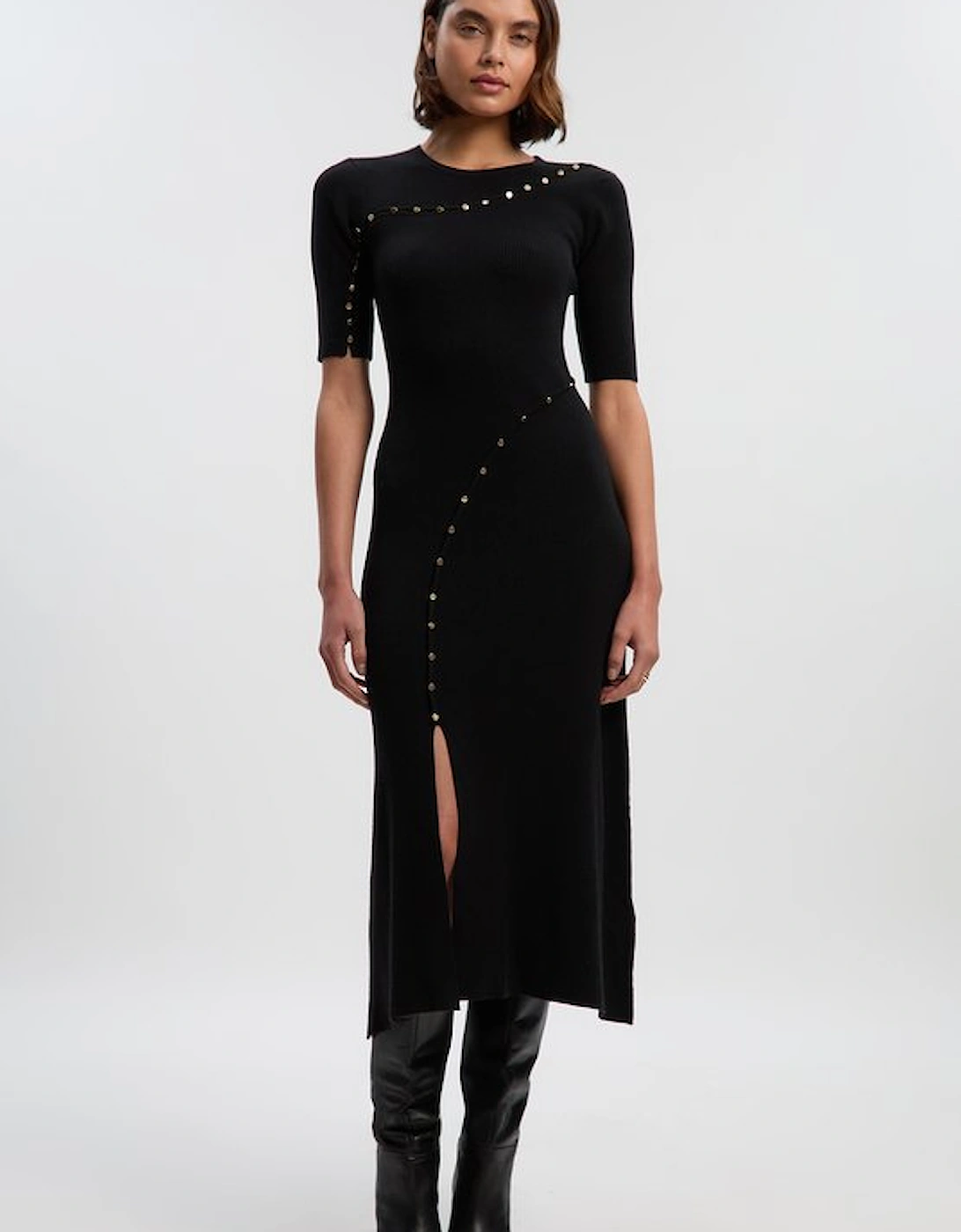 Petite Viscose Blend Cut Out Trim Detail Knit Midi Dress, 2 of 1